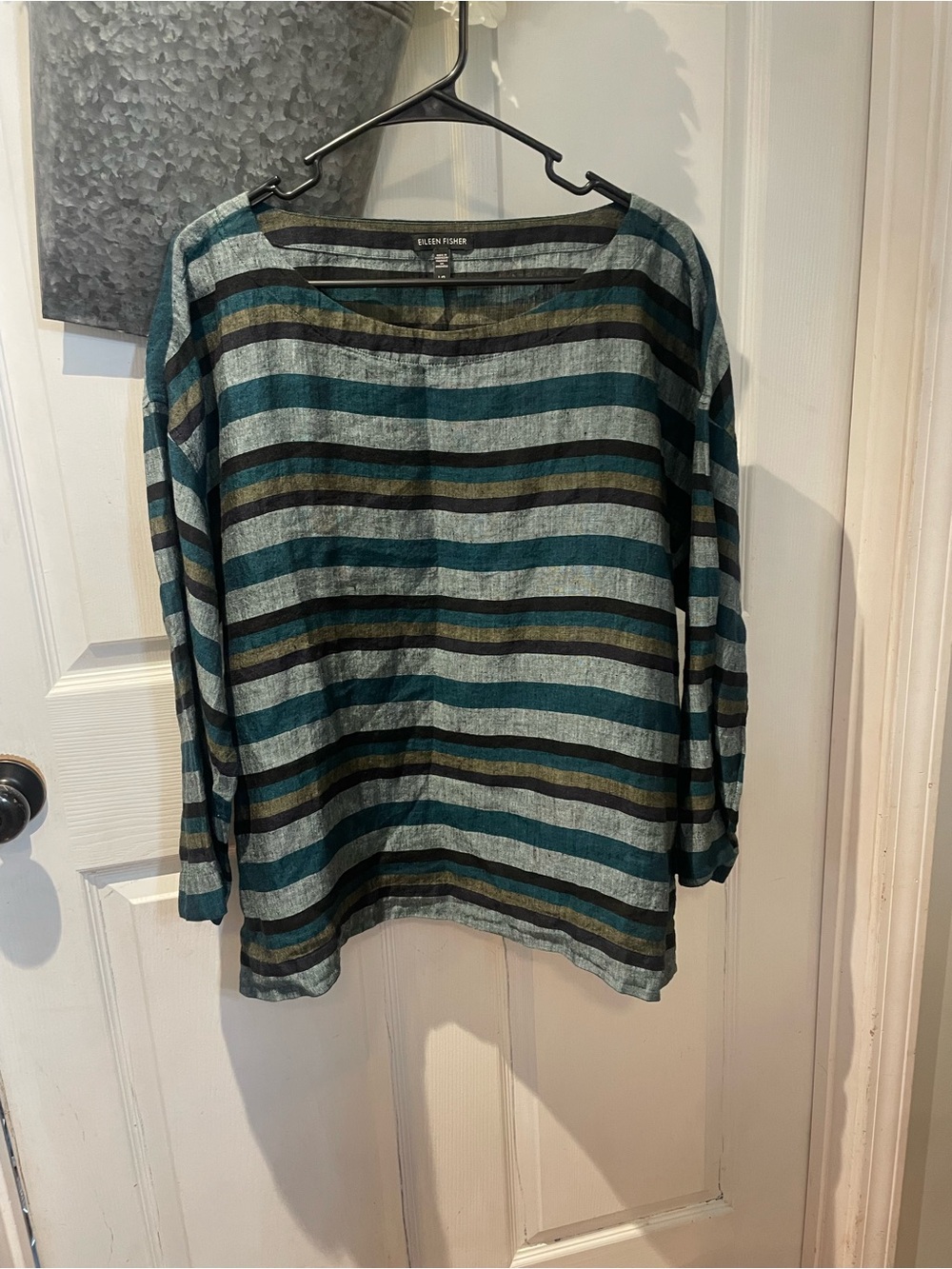 Eileen Fisher Teal, Gray and Olive Striped 100% Organic Linen Long Sleeve Top